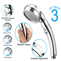 3 Modes Shower Head High Pressure Adjustable 360 Degrees Rotating with Stop Button Hose Water Saving Handheld Bathroom Shower
