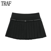 TRAF Box Pleated Mini Skirts for Women Black Mid Rise Women's Skirts Belt Office Short Woman Skirts Streetwear Skirt Skort Women