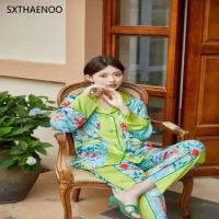 SXTHAENOO Print Women's Pajama Set Green Ladies Garden Of Adventures Sleepwear Long Sleeve Vintage Pijama Suit For Female