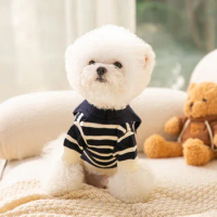 Pet Dog Bear-ears Lapel Knitted Sweater Teddy Warm Clothes Small Dog Winter Suit Classic Striped Jumper