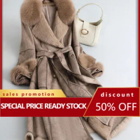 New rabbit fur integrated fox fur collar fur coat for women's medium length slim fit luxury coat