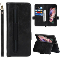 For Samsung Galaxy Z Fold 3 Case with S Pen Slot Holder for Galaxy Z Fold 3 5G Card Slots Flip Leather Wallet Case Protect Cover