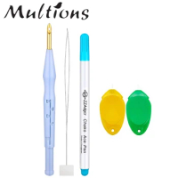 4pcs Embroidery Kits Adjustable Yarn Punch Needle Embroidery Pen &amp; Water Erasable Fabric Marker Pen for Cross Stitch Tools