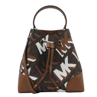 【Michael Kors】經典塗鴉LOGO拼接皮革束口水桶包/手提/肩斜背包(任選色)