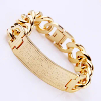 New Party Accessories Casual Stainless Steel Bling Gold Tone Bible Cross ID Tag Cuban Curb Link Chain Bracelet For Mens Jewelry