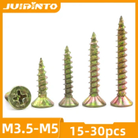JUIDINTO 15-30pcs Wood Screws Fiberboard Screw Nails M3.5 M4 M5 Yellow Zinc Self Tapping Wood Screw For Cabinet Chipboard Screw