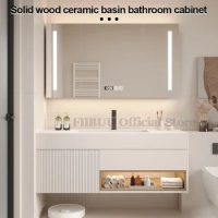 Wall Mounted Integrated Bathroom Cabinet With Square Mirror Bathroom Vanity With Ceramic Sink Washing Basin Storage Cabinet Set