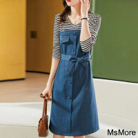 【MsMore】時尚條紋拼接連身長袖假兩件氣質休閒收腰中長洋裝#116064(藍色)