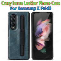For Samsung Galaxy Z Fold3 Folding Screen Phone Case Crazy Horse Pattern PU Leather with Pen Slot Phone Protective Cover Z Fold3