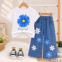 Setelan Jeans Kulot Anak Perempuan Fashion Kaos Lengan Pendek Celana Panjang Wide Leg 1-5 Tahun Puti