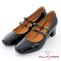 【CUMAR】復古方頭漆皮粗跟雙帶瑪莉珍鞋-黑