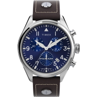 【TIMEX】天美時 x Pan Am Day-Date 42毫米三眼計時手錶 藍x棕 TXTWG030000