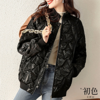 初色 半立領大菱格紋羽絨棉長袖棒球外套夾克休閒外套-黑色-32116(M-2XL可選)