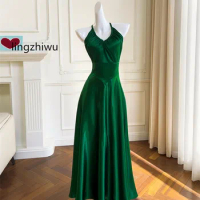 lingzhiwu Gem Green Long Dress French Designer Sexy Halter Neck Off The Back Top Quality Dresses Elegant Ladies Summer NewArrive