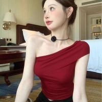 New Style Asymmetric Neck Off-Shoulder Tie Knit Vest Women Summer Short Sleeve Slim Fit Top align  t
