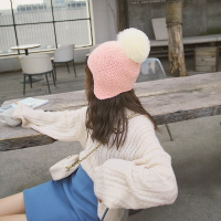 粉色超大毛球帽子女秋冬毛線針織帽冬季甜美可愛護耳日系鴕鳥毛球1入
