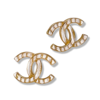 CHANEL 針式耳環 經典雙C 白色條紋 淡金色