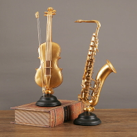 復古金色小提琴擺件輕奢高檔樹脂薩克斯樂器客廳電視柜酒柜裝飾品