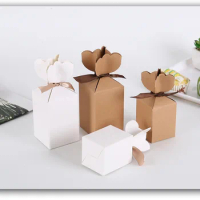 20pcs White Kraft Paper Box With Ribbon Wedding Candy Box Birthday Party Baby Show Gift Packaging Box Supplies