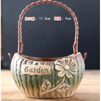 陶瓷手提籃花盆【橢圓形手提籃-綠色】 
