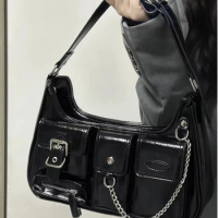 Moto Biker Handbags for Women NEW Gothic Fashion High Street Shoulder Bag Black Patent Leather Casual Coin Purse