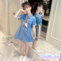 【UniKids】中大童裝短袖牛仔洋裝 薄款連身裙 女大童裝 CV2120(藍)