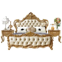 Royal Bedroom Set Furniture Luxury Classic Style Wooden Carved Frame Leather King Size Bed