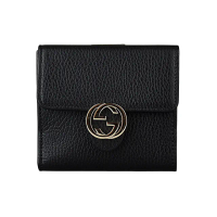 【GUCCI 古馳】GUCCI淡金字LOGO荔枝紋牛皮10卡釦式短夾(黑)