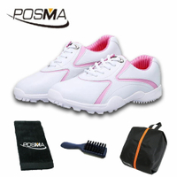 高爾夫球鞋 女士固定釘球鞋 高爾夫女士運動休閒鞋  GSH016白 粉 配POSMA鞋包 2合1清潔刷   高爾夫球毛巾