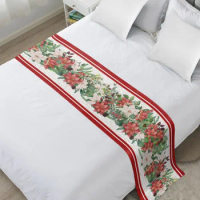 Christmas Poinsettia Eucalyptus Leaves Retro Bed Runner Luxury Hotel Bed Tail Scarf Decorative Cloth Home Bed Flag Table Runner