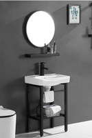 【 麗室衛浴】LISHIH D-102-2A 超值套組 50CM單孔盆+消光黑面盆龍頭、不鏽鋼支架、圓鏡、置物平檯