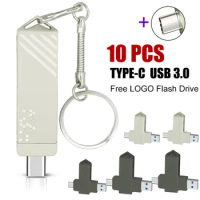 10Pcs Type-c USB 3.0 Flash Drive 128GB for SmartPhone,Tablet Pen Drive 64GB 2 in 1 Pendrive 32GB OTG Memory Stick Silver U Disk