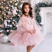 Puffy A Line Flower Girl Dresses Beaded Knee Length Fluffy Pink Tulle Wedding Party Gowns for Princess Girl Pageant Gown