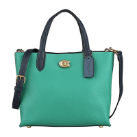 【COACH】COACH Willow 24金屬C字LOGO牛皮拼色旋鎖磁釦式手提/斜背托特包(亮綠x多色)