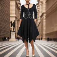 Women'S Dark Gothic Punk Dresses Sexy Strap Irregular Dress Receiving Waist 3/4 Sleeve Slim Dress Casual Cosplay Clothing