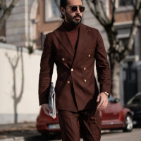 Elegent Burgundy Suits For Men Double Breasted Formal Business Blazer Wedding Groom Tuxedo 2 Piece Jacket Pants Terno Masculino