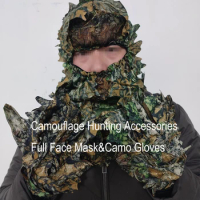 3D Camouflage Hunting Accessories Full Face Mask&amp;Camo Gloves Hunt Airsoft Sniper Real Tree Leaf For Birdwatch Shooting Sniper