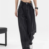 AA 2023 Women Baggy Long Jeans Harajuku Black Wide Leg Trousers Streetwear Vintage High Waist Denim Pants Big Pocket Y2k Feamle