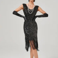 1920s Vintage Great Gatsby Party Dress Women Sexy V-Neck Sleeveless Beaded Sequin Tassel Dress Tango Dance Flapper Midi Dress