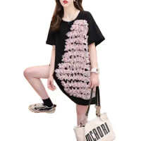 Fashion Dress Lace Panel Short Sleeve T-shirt Dresses for Women 2024 Summer New Korean Loose Medium Length T-shirt Top