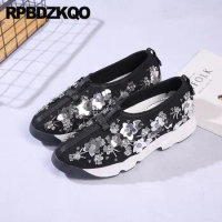 Women Diamond High Quality Bee Embroidered Sequin Floral Sneakers Ladies Beautiful Flats Shoes Pearl Embroidery Black Trainers