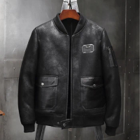 Mens Shearling Jacket Sheepskin Coat Motorcycle Leather Jacket A2 Airforce Flight Coat Baseball Collar Fur Coat