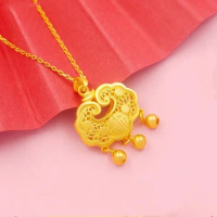 Pure 14K Gold Pattern Small Block Pendant Necklaces for Women Baby 999 Gold Color Trendy Necklaces Chain Fine Jewelry Gifts