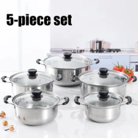 5pc/set Stainless Steel Pot Double Bottom Soup Pot Nonmagnetic Cooking Multi Purpose Cookware Non Stick Pan Induction Cooker Pot