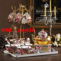 台灣公司貨 可開發票 古典玫瑰歐式骨瓷花茶茶具套裝英式下午茶玻璃蠟燭加熱花茶壺茶杯