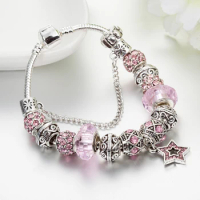 VIOVIA Trollbeads Bracciale Color Oro Surtidor Star Charm Bracelet for Women Pink Crystal Beads Bangles Feminina Jewelry B17058