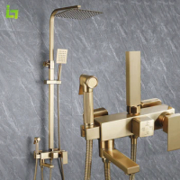 Long Spout Brushed Gold Shower Faucet Cold and Hot 304 Stainless Steel Bathroom Bathtub Tap With Spray Bidet