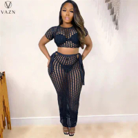 VAZN 2022 New Luxury Designer Young Sexy Beach Set Hollow Out See Through Lace Top Long Pants Skinny Women 2 Piece Set