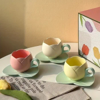 Novelty Flower Set, Vintage Delicate Tulip Mug and Saucer, Flower Shape Ceramic Coffee Mug and Saucer, Pink Cute Drinking Mugs