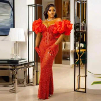 Luxury Bead Evening Dresses Sequin Evening Gowns Crystal Nigerian Red African Off The Shoulder Evening Dress with Sleeve